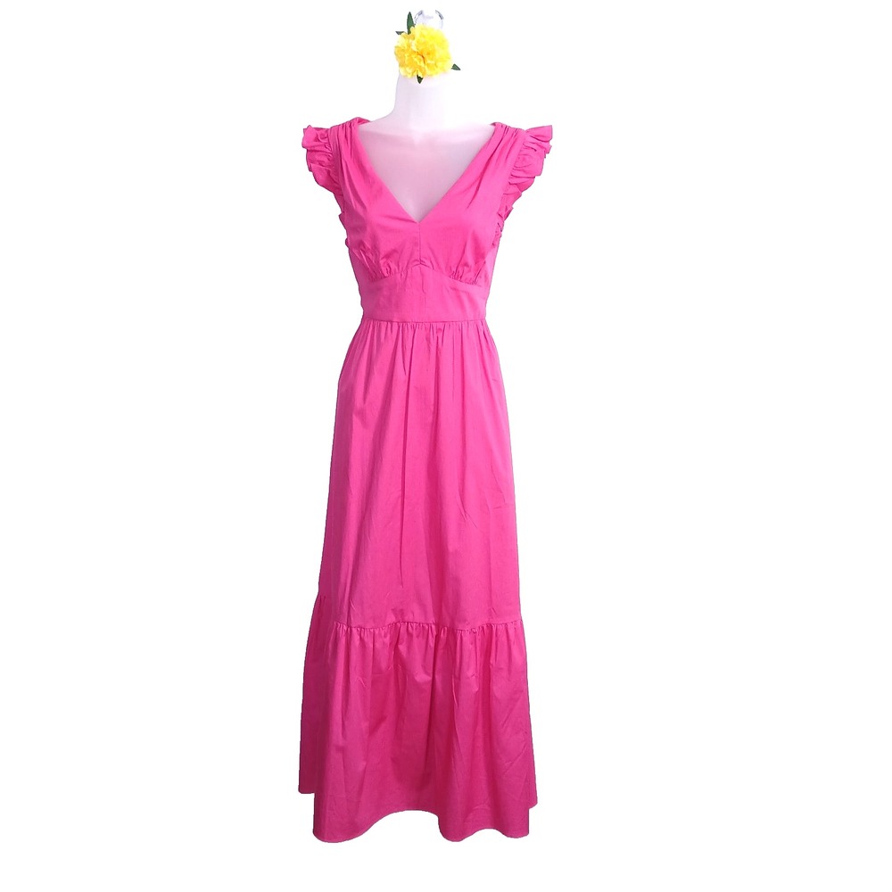 Maggy London Women Maxi Dress 6 Pink Barbiecore Ruffle Boho Prairie Tiered Long